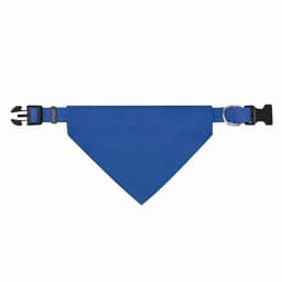 A blue pet bandana featuring a buckle and adjustable strap. It has a simple triangular design.