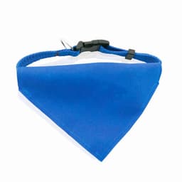 A triangular blue bandana with a clip attachment, made of fabric material. It features a logo on the design.