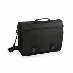 A black messenger bag with a front pocket, adjustable strap, and dual clasp closures. It has a handle on top.