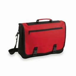 A red and black messenger bag with a handle, adjustable shoulder strap, and front zip pocket. Features clips for closure.