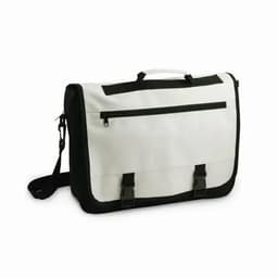 A messenger bag in white and black featuring a large compartment, a front zip pocket, and an adjustable strap.