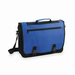 A messenger bag in blue with black accents, featuring a front zip pocket and adjustable shoulder strap.