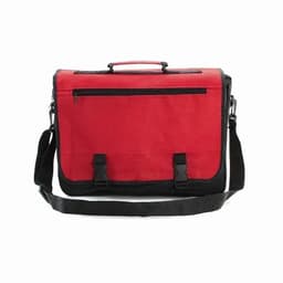 A red and black messenger bag with a front zip pocket and an adjustable shoulder strap. Features clasps for secure closure.