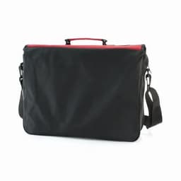 A black laptop bag with a red trim, featuring a handle and adjustable shoulder strap. It has a brand logo on the front.