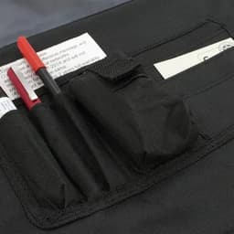A black carrying case with multiple pockets, housing pens and a small item, featuring a logo.