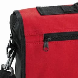 A red and black bag with a zippered pocket and a shoulder strap attachment. It has a sturdy fabric finish.