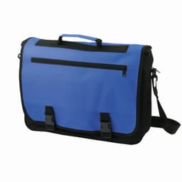 A messenger bag in blue with black accents, featuring a front zip pocket and adjustable shoulder strap.