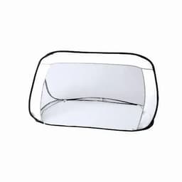 A transparent pop-up tent with a black trim and a spacious white interior. It has a collapsible structure.
