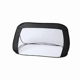 A portable collapsible tent with a black frame and white interior, featuring a mesh structure.