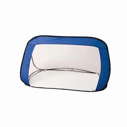 A large blue and white pop-up tent with an open front and a black zipper closure.