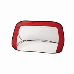 A pop-up tent in red and black, featuring an open design with a white interior. It has a lightweight frame.