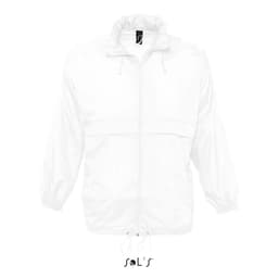 A white unisex raincoat made from 100% waterproof nylon, featuring a hood and adjustable drawstrings.