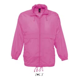A pink unisex raincoat made from 100% waterproof nylon, featuring a hood and elastic cuffs.