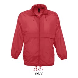A red unisex raincoat made of 100% waterproof nylon material, featuring a hood and drawstring adjustments.