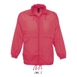 A red unisex raincoat made from 100% waterproof nylon, featuring a hood and adjustable drawstring.