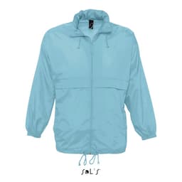 A light blue unisex raincoat made from 100% waterproof nylon material, featuring a zip front and adjustable drawstrings.
