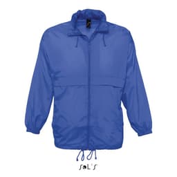 A blue unisex raincoat made of 100% waterproof nylon material, featuring a hood and adjustable drawstrings.