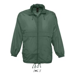 A unisex raincoat in dark green, made of 100% waterproof nylon, featuring a zip front and elastic cuffs.