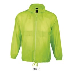 A bright yellow-green unisex raincoat made from 100% waterproof nylon, with a front zip and hood. It features a logo.