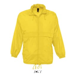 A unisex, yellow raincoat made from 100% waterproof nylon material, featuring a drawstring hood and elastic cuffs.