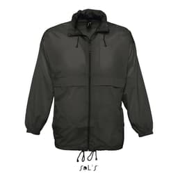 A black unisex raincoat made from 100% waterproof nylon material, featuring a hood and adjustable drawstrings.