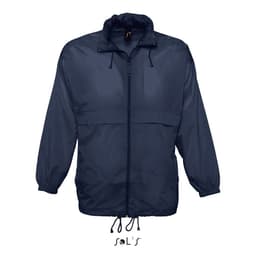 A navy blue unisex raincoat made of 100% waterproof nylon material, featuring a zip front and adjustable cuffs.