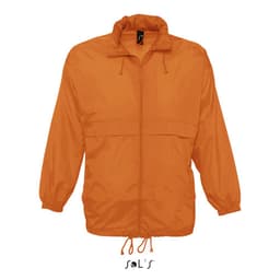 An orange unisex raincoat made from 100% waterproof nylon material, featuring a front pocket and adjustable hood.