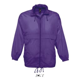 A unisex purple raincoat made from 100% waterproof nylon material, featuring a hood and adjustable drawstrings.