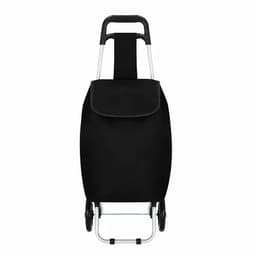A black shopping trolley with a foldable handle and wheels, featuring a spacious, flap-over bag.