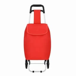 A red shopping trolley with a soft bag and a black handle, featuring a silver frame and two wheels.