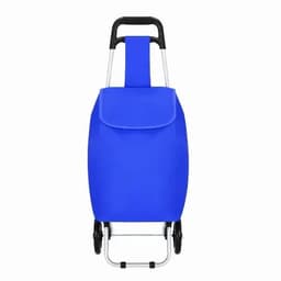 A blue shopping trolley with a foldable handle and a flap closure. It has a simple metallic frame.