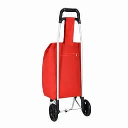 A red shopping trolley with a foldable design and black wheels, featuring a side pocket.