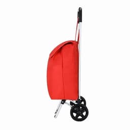 A shopping trolley featuring a red fabric bag and a sturdy chrome frame with two wheels for easy transport.