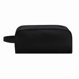A black toiletry bag with a zip closure and a side handle. It features a simple design and has no visible branding.