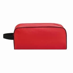 A red toiletry bag with black trim and a handle. It features a zip closure for secure storage.