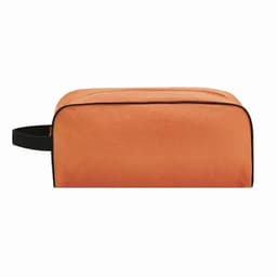 An orange cosmetic bag with a black trim and a side handle. The bag features a zippered closure.