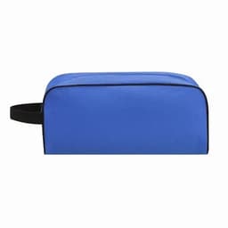 A cosmetic bag in a vibrant blue colour with a black zipper and handle for easy carrying.