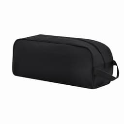 A black travel pouch with a zip closure and a side handle for easy carrying.
