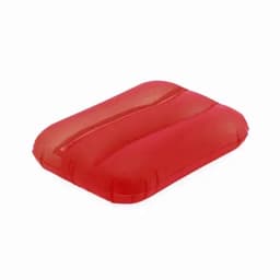 A red inflatable pillow, rectangular in shape, featuring smooth, curved edges and a glossy surface.