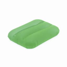 A green inflatable pillow featuring a smooth surface and rounded edges, suitable for relaxation.