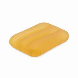 A soft, rectangular inflatable pillow in a bright yellow colour with a smooth texture and a zipper.