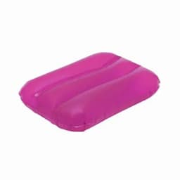A pink inflatable cushion with a textured surface, featuring a rectangular shape and slightly rounded edges.