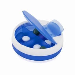 A round, blue pill organiser with a white lid, featuring four compartments for different pills.