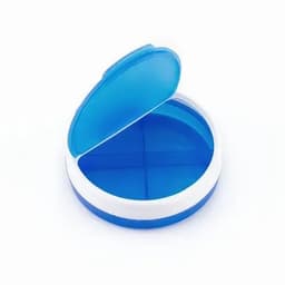 A blue compartmentalised container with a white base and an open lid, featuring four sections inside.