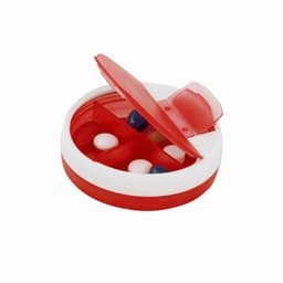 A red and white pill organiser with compartments, containing various tablets in different colours.