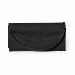 A wallet in a sleek black design with a flap closure and stitched detailing. It features a minimalistic look.