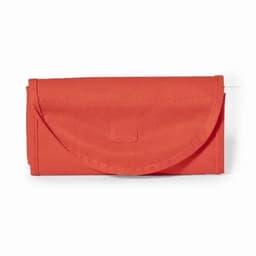 A red foldable wallet with a rounded flap and a clasp closure. It features a simple, textured design.