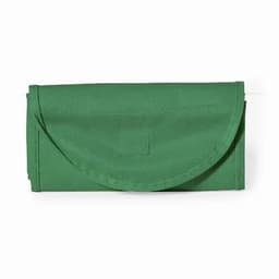 A green foldable wallet with a rounded flap and stitched details, featuring a brand logo.