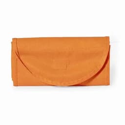 An orange foldable pouch made of fabric, featuring a rounded flap closure and a simple design.