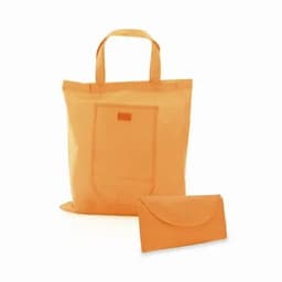 An orange tote bag with two handles and a matching pouch. The tote features one front pocket and has a logo.